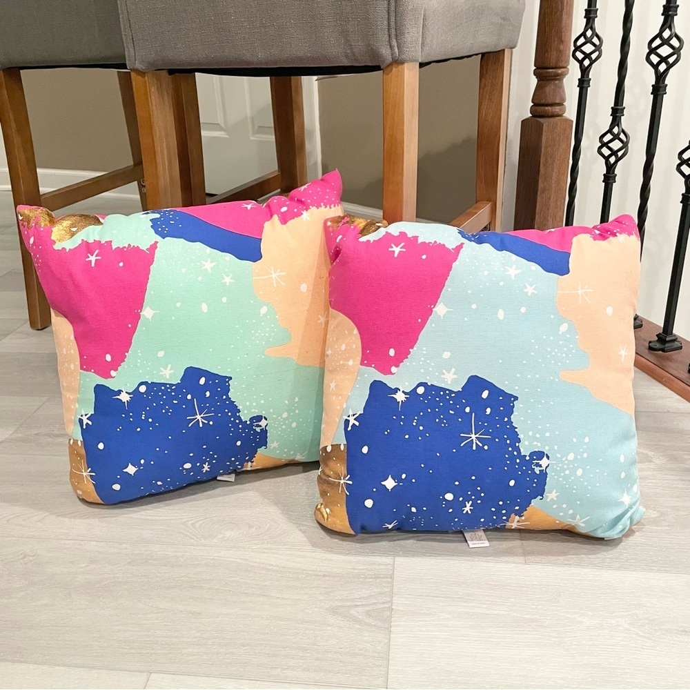 2 NWOT OH JOY colorful pillows with gold accents l